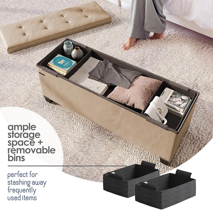 Storage Ottoman Bench with Bins, 43-in Storage Bench for Bedroom End of Bed, Folding Foot Rest Ottoman for Living Room Max 660lbs, Leather Ottomans, Taupe - Image 3