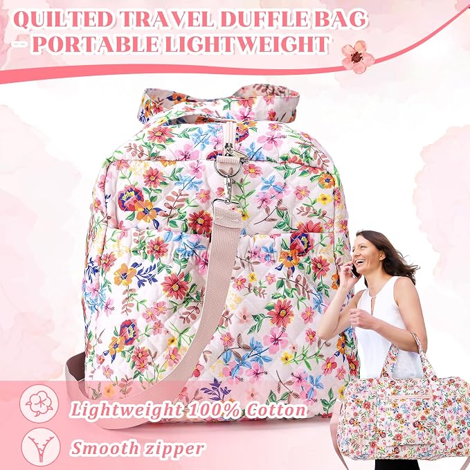 Dansydaisy Large Quilted Travel Duffle Bag for Women Floral Portable Gym Weekender Bag with Zipper Pockets Workout Grocery Pouch Duffle Gift Pouch for Work(Pink Floral) - Image 4