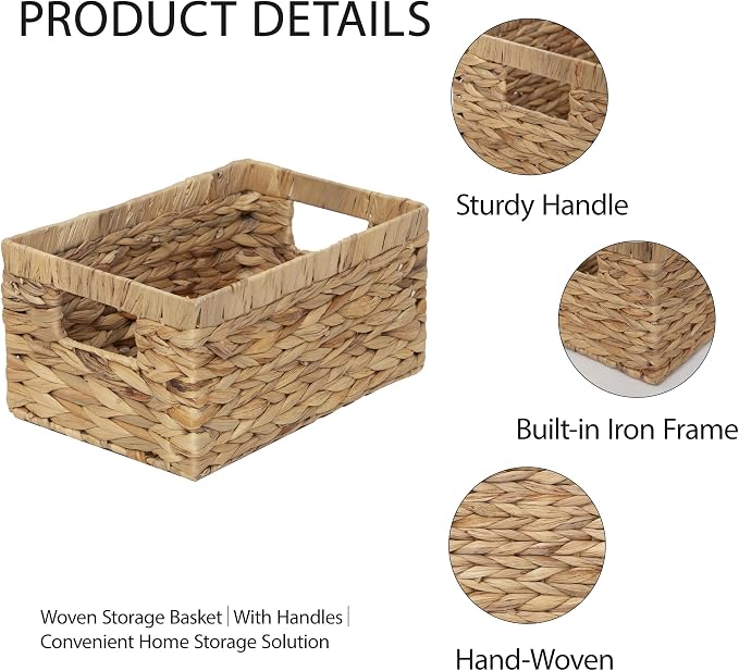 KINGWILLOW Woven Natural Water Hyacinth Rectangular Organizer Basket, Small | Rustic decor, with handles, brown‑tan tone, for shelves, bathroom, kitchen, entryway, office files, pet toys - Image 9