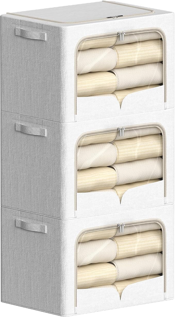 FHSQX 3 Pack Clothes Storage Bins - Foldable Metal Frame Storage Box - Stackable Linen Fabric Container Organizer Set with Carrying Handles and Clear Window (Cream White, 19.7x15.7x13inch(66L)) by FHSQX