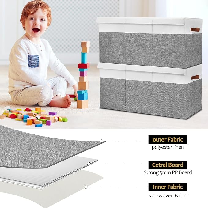Extra Large Toy Storage Box with Lid,Toy Chest Bin Basket with Dividers | Sturdy Toy Organizer Bin for Kids, Boys, Girls, Nursery, Closet, Bedroom, Playroom 35.5"x17" x17"(Grey and White) - Image 6