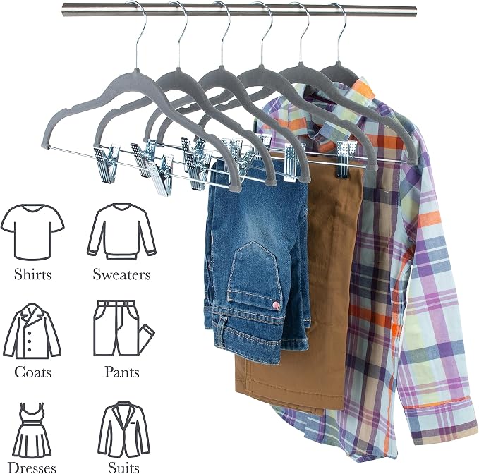 Simplify 60 Pack Children's Velvet Hangers | Durable | Lightweight | Non-Slip | Nursery | Shirt | Pants | Tank Top | Grey | Clips | Closet Organization - Image 4