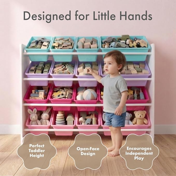 Humble Crew Kids Toy Organizer with 16 Bins, 4 Tier Storage for Playroom | Sturdy wood and steel toddler shelf, removable BPA-free containers, wall anchor anti-tip safety kit for bedroom or classroom - Image 2