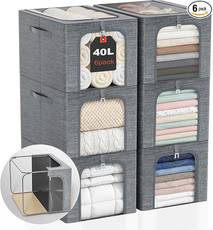 GoMaihe Clothes Storage Bins with Metal Frame for Closet, 40L 6-Pack Grey | Sweaters Hoodies Jeans T-Shirt, Closet Top Shelf Organizer, Steel Frame Collapse-Proof, Stackable, Clear Window, Dual Access by GoMaihe