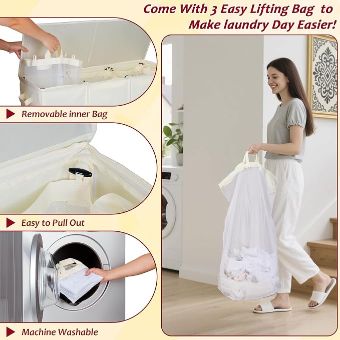 110L Laundry Hamper with Lid, Reinforced Sturdy Large Laundry Hamper with Handle and Lid, Collapsible Clothes Basket Organizer with Removable Liner Bag, Tall Dirty Clothes Bin for Dorm Bedroom - Image 6