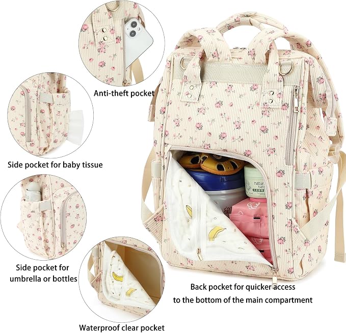 Corduroy Diaper Bag Backpack for Baby Girls Boys, Women Large Nappy Bags for Mom (Beige Corduroy Flowers Pink) - Image 4