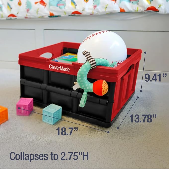 CleverMade Collapsible Shopping Basket, 32L Storage Crate, 1 Pack, Red | Carry Bigger Grocery Hauls with Confidence | Rigid Walls Hold 35 lb, While Top and Side Handles Balance the Load - Image 4