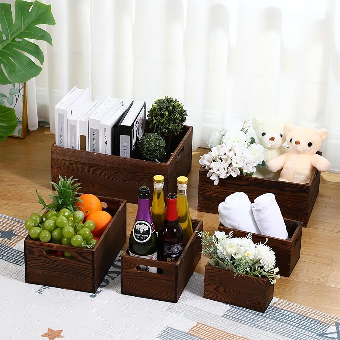 AceOrbit Set of 6 Rustic Wood Crates, Nesting Storage Boxes,Classic Brown | Distressed Wooden Containers with Cutout Handles, Vintage Farmhouse Wedding Party Decor, Decorative Baskets for Supplies - Image 3