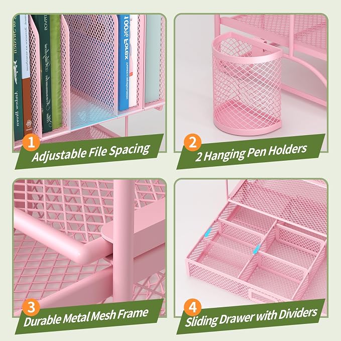 FANXIYQ Metal Desk Organizer with Sliding Drawer, 7-Section File Organizer for Desk, Desktop File Folder & Paper Organizer with 2 Hanging Pen Holders, Office Supplies Organizer, Pink - Image 7