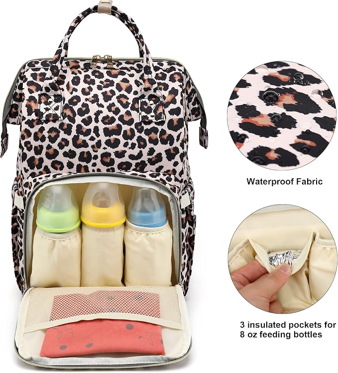 Leopard Baby Diaper Bag Backpack for Girls Boys, Waterproof Large Maternity Nappy Bags for Mom - Image 2