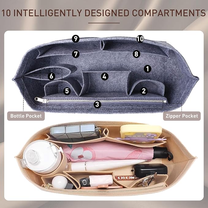 Purse Organizer Insert for Handbags & Base Shaper 2pc Set, Felt Neverfull MM Organizer Insert, Tote Bag Organizer with Zipper Pocket and Bottle Holder, Fit Speedy 30 Neverfull MM and More,Gray-L - Image 4