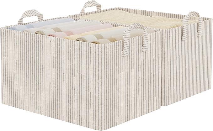 StorageWorks Storage Bins, Fabric Storage Bins for Shelves, Extra Large Storage Baskets with Metal Frame, Closet Baskets and Bins with Handles, Jumbo, Khaki and Beige Stripes, 2-Pack | Extra Large, With Reinforced Handles, Metal Frame, Collapsible, Bas... by StorageWorks
