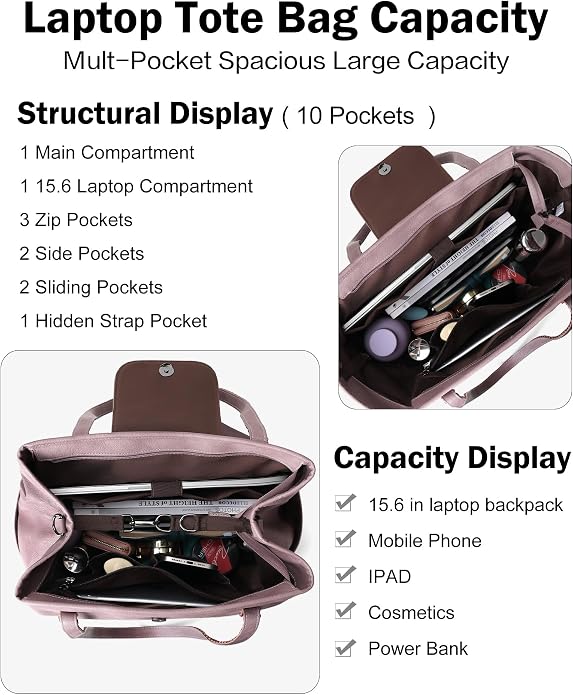 Large Laptop Tote Bag for Women Designer Leather Laptop Bag, 15.6in | Fashion Travel Backpack Purse Shoulder Handbag Fits 15.6 Laptop, Daily, Work, Business Trip, Weekend Travel, Teacher - Image 3