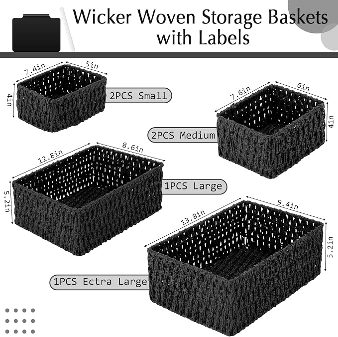 Marsui 6 Pcs Wicker Storage Baskets for Pantry Organization with Labels Handwoven Paper Rope Multi-size Black Wicker Storage Bins for Organizing Small Baskets Container for Shelves Closet Toilet - Image 2