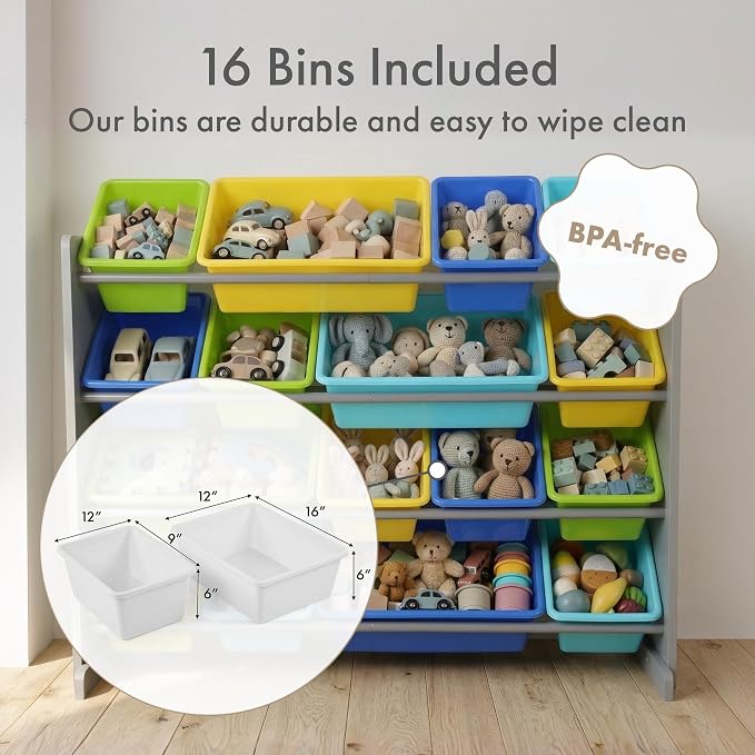 Humble Crew Kids Toy Organizer with 16 Bins, 4 Tier Storage for Playroom | Sturdy wood and steel toddler shelf, removable BPA-free containers, wall anchor anti-tip safety kit for bedroom or classroom - Image 4