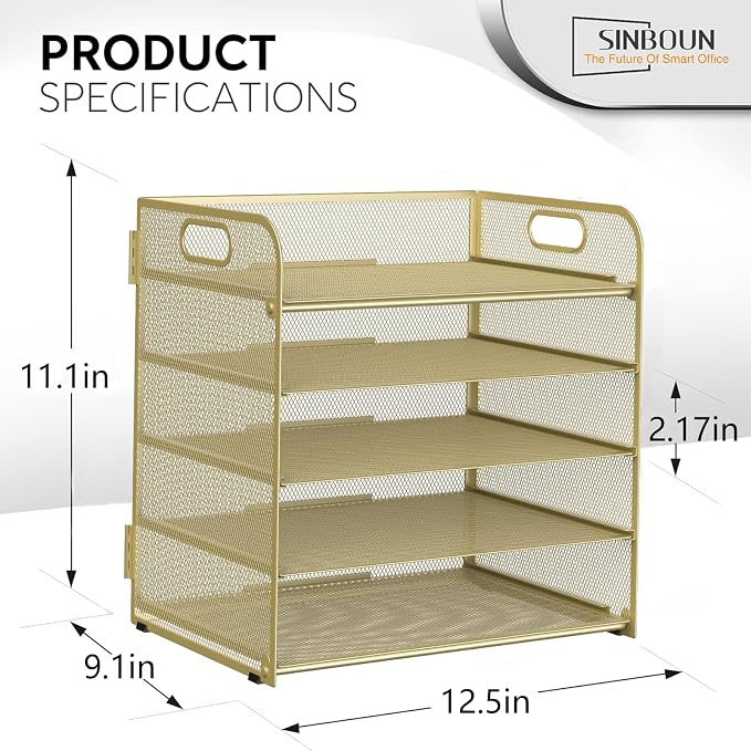 Sinboun Letter Tray Paper Organizer 5-Tier Desk Organizer File Organizer Paper Holder with Handle, Metal Desktop Document Shelf Tray Office Classroom Organization - Gold - Image 2
