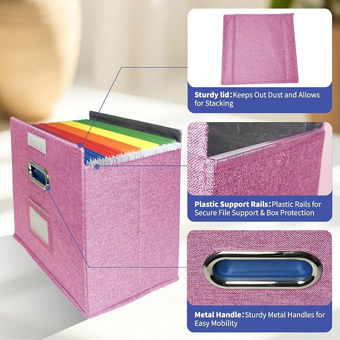 2 Pack Hanging File Folder Box with Lid, Durable Letter Size Filing Storage Box, Sturdy File Holder with Cardboard Support PVC Rails for Office Home Organizer, Pink - Image 4