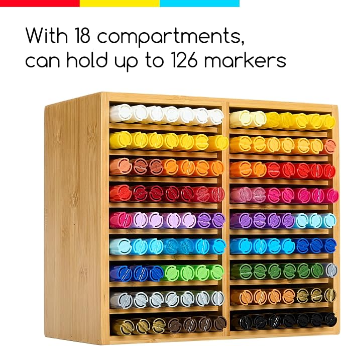 MEEDEN Bamboo Marker Holder Organizer: Holds 126 Pens with 18 Compartments- Art Supply Storage & Holder for Alcohol Markers，Pens，Pencils - Image 4