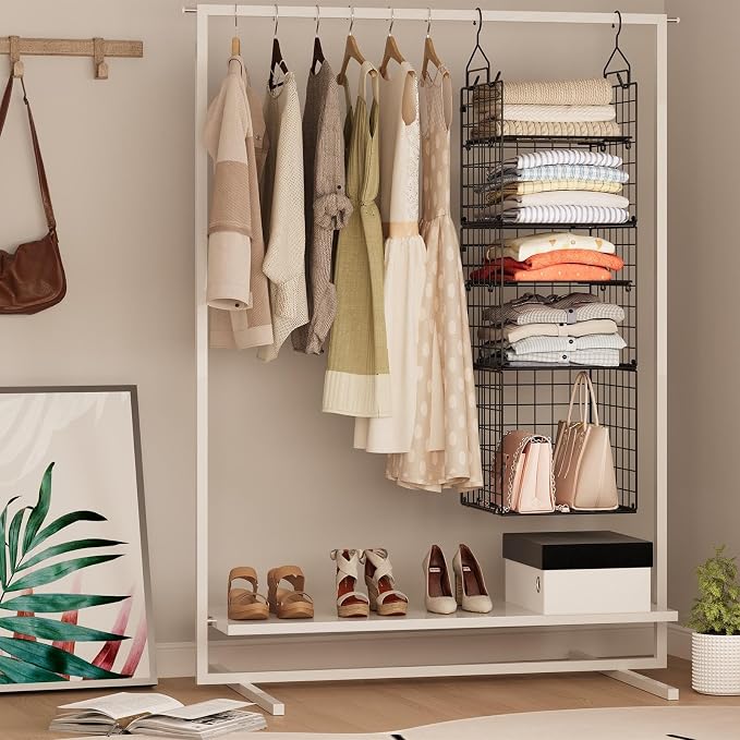 X-cosrack Hanging Closet Organizer and Storage - 5-Tier Closet Storage Organizer Baskets for Clothes & Adjustable Collapsible Metal Closet Hanging Organizer Shelves for Sweaters Shoes Handbags - Image 2