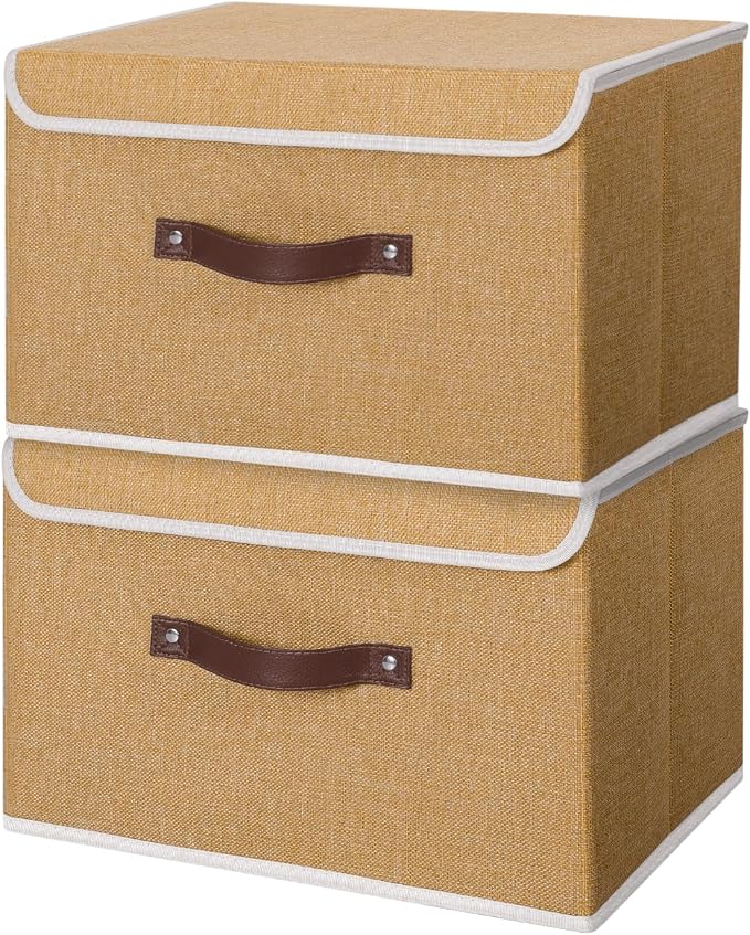 ANMINY Fabric Storage Box Bins with Lids, Khaki, 13"x9"x7.9", 2 Pack | Keepsake Memory Storage, Cotton Linen, PP Board Reinforced, Washable, PU Handles, Foldable & Stackable, Decorative, Medium by ANMINY