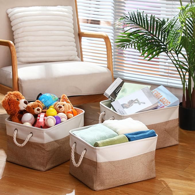 FoldTier 10 Pack Large Collapsible Fabric Storage Baskets with Handles Decorative Storage Bins for Organizing Shelves Toys Clothes(White & Beige,16 x 12 x 10 Inches) - Image 6