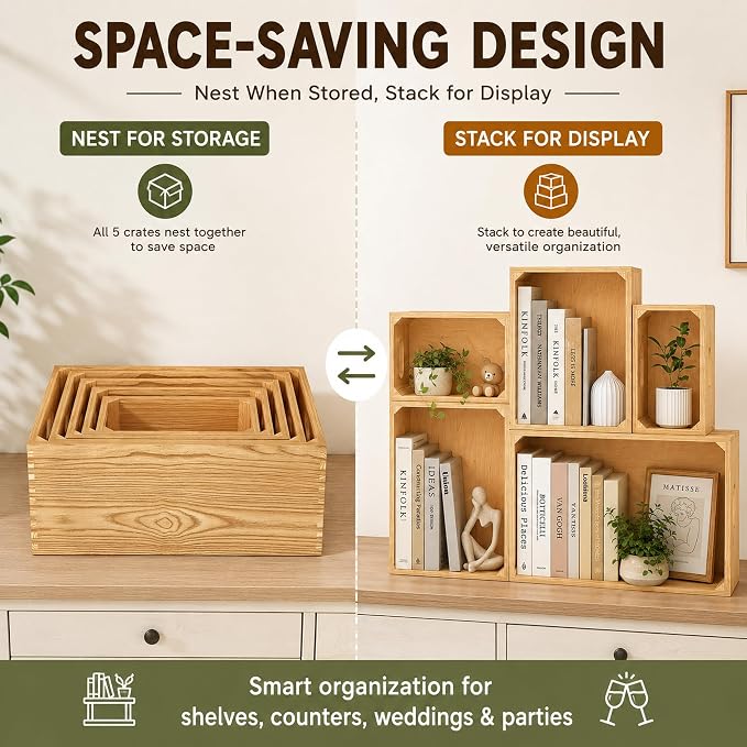 5 Pack Wooden Crates for Display Nesting Wood Crate for Storage with Handle | Rustic Handmade Farmhouse Wooden Basket for Storage and Containe, 5 Size Multipurpose Wood Basket for Fruits Vegetables Boxes - Image 4