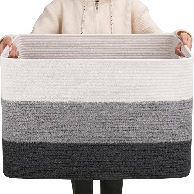 OIAHOMY 108L Extra Large Blanket Basket Dog Toy Basket radient Dark Grey | Rectangle Woven Baskets for Storage Cotton Rope Basket For Living Room Toy Storage Blanket Storage Laundry Basket by MasterofSpaceOptimization