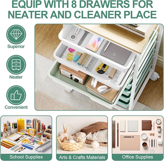 Storage Cart with 8 Drawers, Utility Cart with White Drawers and Wooden Tabletop, Craft Cart, Teacher Organization for Classroom, Storage Furniture, Office Organization, Green | Utility Cart on Wheels with Wooden Tabletop,Teacher Organization for Class... - Image 3