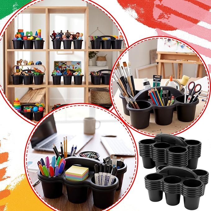 12 Pack Classroom Caddy Organizer with Handle 6 Compartment,Black | Plastic Drink Cup Caddy Holder, Portable Storage Bin, for Pencil, Glue Stick, Crayons, Marker, Table, Office, School Supplies - Image 6