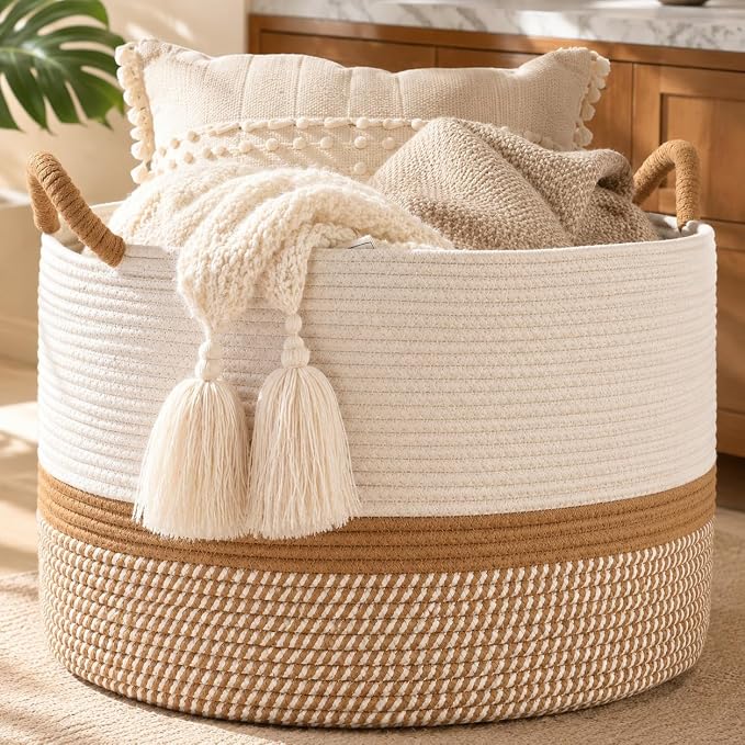 KAKAMAY Large Blanket Basket with Handles, Storage Basket for Living Room | Extra Large Capacity | Blanket Storage | Laundry Basket | Natural Cotton Rope | Stuffed Animal Storage | Woven Storage Basket by KAKAMAY