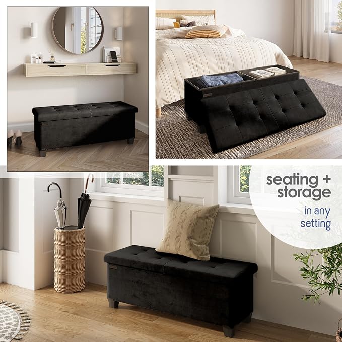Storage Ottoman Bench with Bins, 43-in Storage Bench for Bedroom End of Bed, Folding Foot Rest Ottoman for Living Room Max 660lbs, Velvet Ottomans, Black - Image 4
