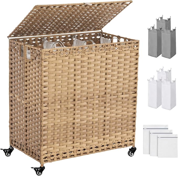 Laundry Hamper with Wheels&Lid, 50.2 Gallons(190L) Rolling Laundry Basket with Wheels, 3-Section Laundry Hamper, Handwoven Rattan Clothes Hamper with 6 Removable Liner& 3 Mesh Laundry Bags, Natural by Hiagnete