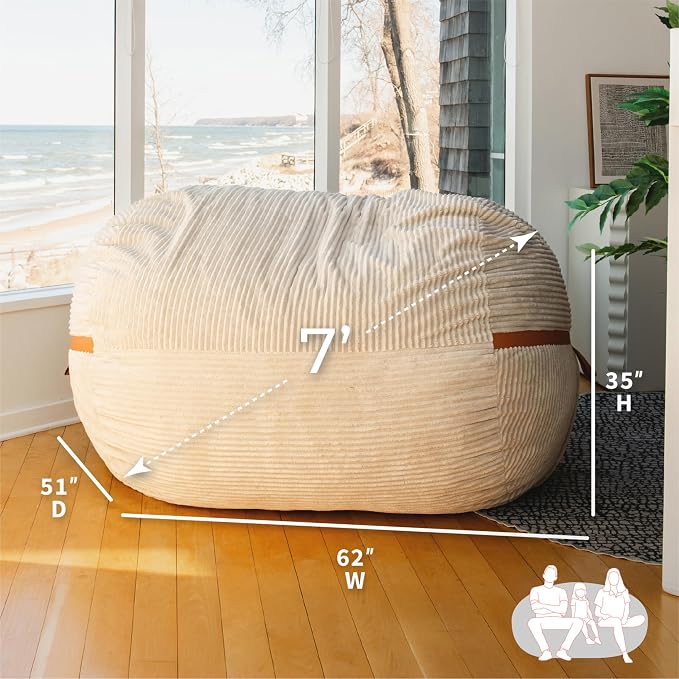 Big Joe Fuf 7Ft Giant Foam Bean Bag Chair, Oversized Couch with Removable Cover for Kids, Teens, Adults, Vanilla Latte Corded Plush, 7 Foot | Premium Shredded Foam Filled, Corded Plush, Adult-Sized Comfortable Seating, Supports Up to 300 lbs - Image 3