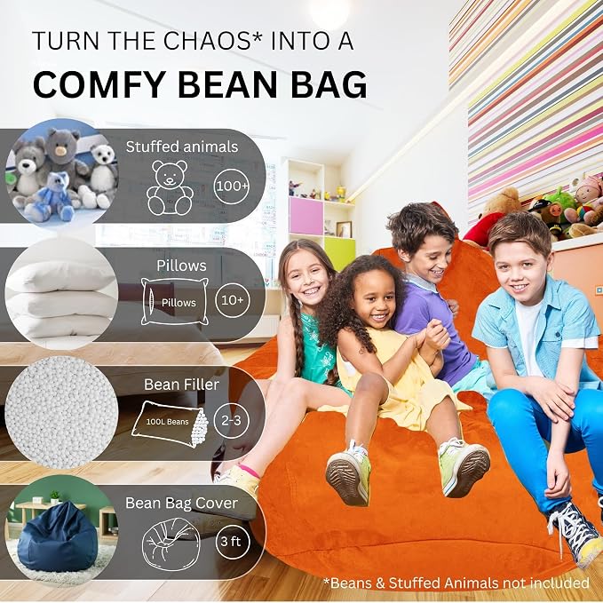 Bean Bag Stuffed Animal Storage Chair Cover (No Filler) for Kids and Adults. Extra Large Bird's Nest Beanbag Soft Premium (Orange, 3 ft (Cover Only)) - Image 2