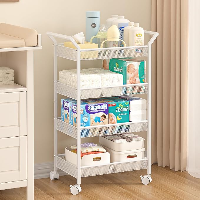 Baby Diaper Caddy Cart, 4-Tier Diaper Caddy Organizer and Storage, Rolling Utility Cart for Baby Supplies, Diaper Cart with Wheels for Bedroom, Nursery, Changing Table, White by 3IngSeagulls