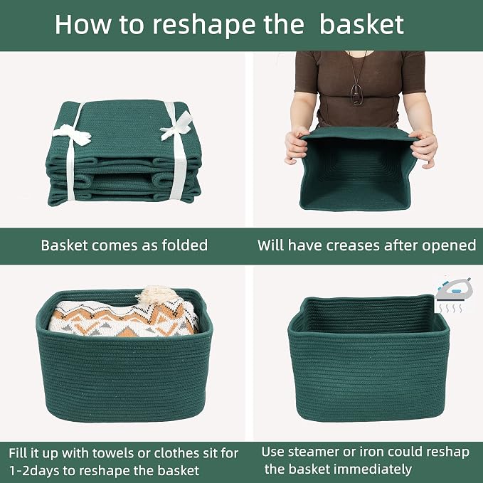 XUANGUO Woven Cotton Rope Storage Baskets 15x10x9.3" 3 Pack Dark Green | Decorative rectangular storage baskets for shelves and closets; storage bins organize clothes, toys, books and nursery items. - Image 7