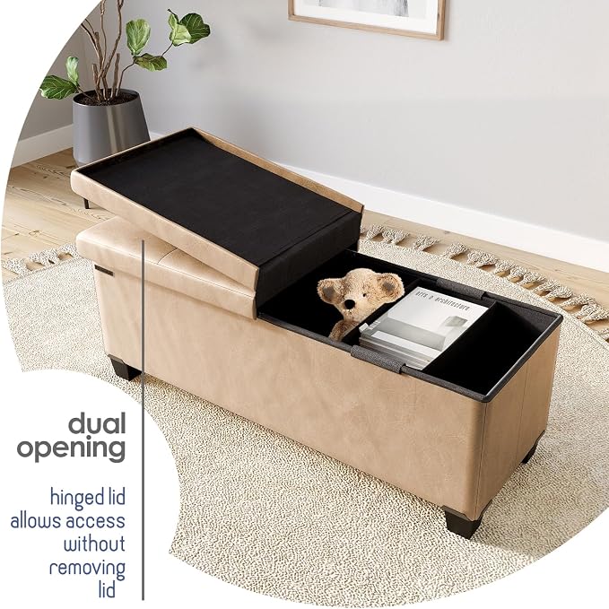 Storage Ottoman Bench with Bins, 43-in Storage Bench for Bedroom End of Bed, Folding Foot Rest Ottoman for Living Room Max 660lbs, Leather Ottomans, Taupe - Image 9
