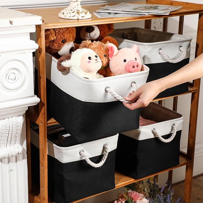 meekoo 8 Pack Collapsible Storage Bins Fabric Storage Bins Polyester Fabric Baskets with Handles Linen Closet Organizer for Shelf Home Closet Towels Toys(12 x 12 x 12 in,Black White) - Image 2