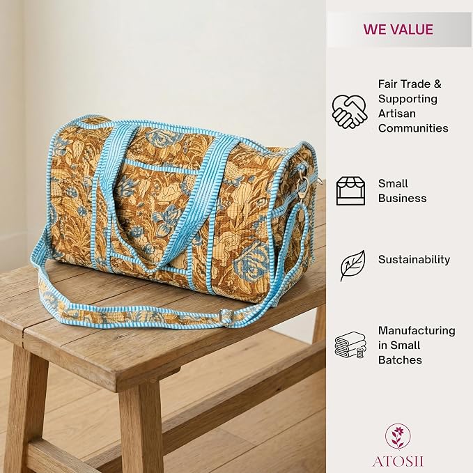 ATOSII Large Duffle Bag, Handblock Print 100% Quilted Cotton for Overnight Trip, Travel Weekender, Luggage, 2 Pockets with Zipper, 1 Front Pocket, Detachable Long Strap, 20 X 10 X 12 Inches, Sienna - Image 5