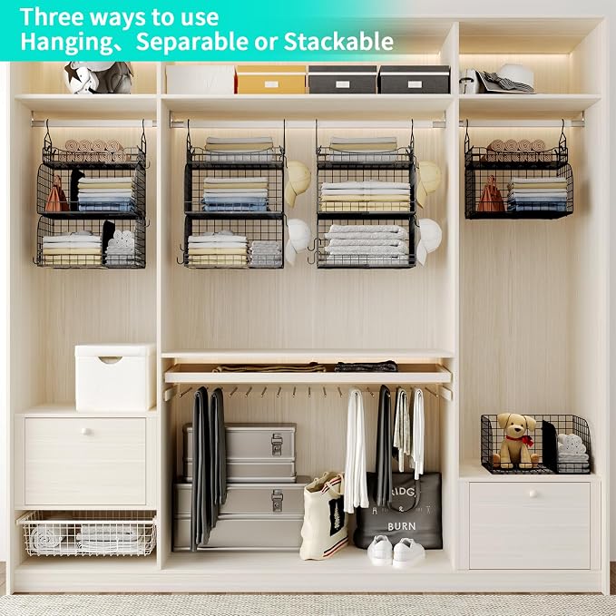 HapiRm Hanging Closet Organizer Storage - 3 Tier Metal Stackable Hanging Closet Shelves with Dividers and S Hooks, Foldable Clothes Shelves for Clothes, Pants, Shoes, Coat, Hats Clutches Accessories - Image 4