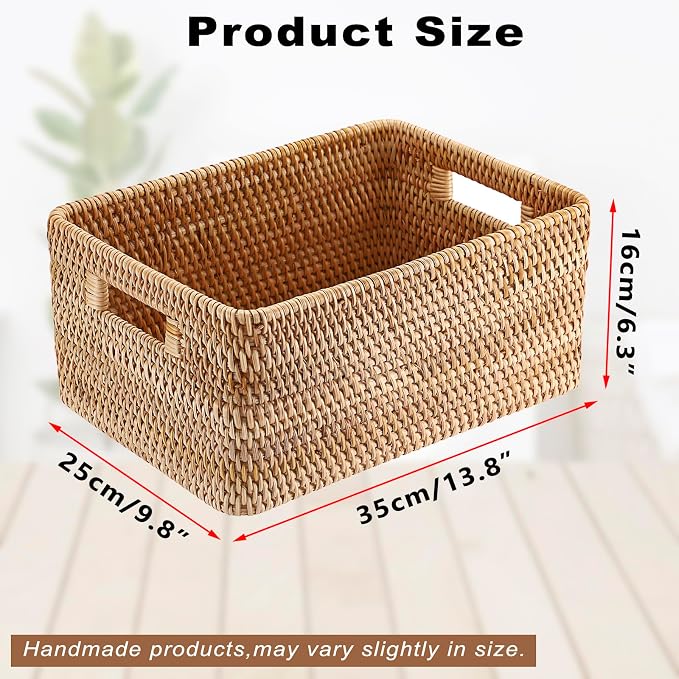 Hipiwe Rattan Wicker Basket for Shelf Organizer Natural Basket with Handles | Handwoven Open Storage Bin Rectangular Closet Organizer Bin Multipurpose Storage Box, 13.8" x 9.8" x 6.3" - Image 3