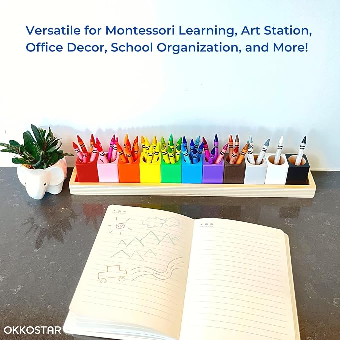 Wooden Crayon & Colored Pencil Holder, 11 Cups, Classroom (Large) | Montessori Color Sorting Caddy, 11 Beechwood Cups Plus 8 Bonus Stencils, Hold Crayons Pencils Markers, Toddler & Teacher Gift - Image 5