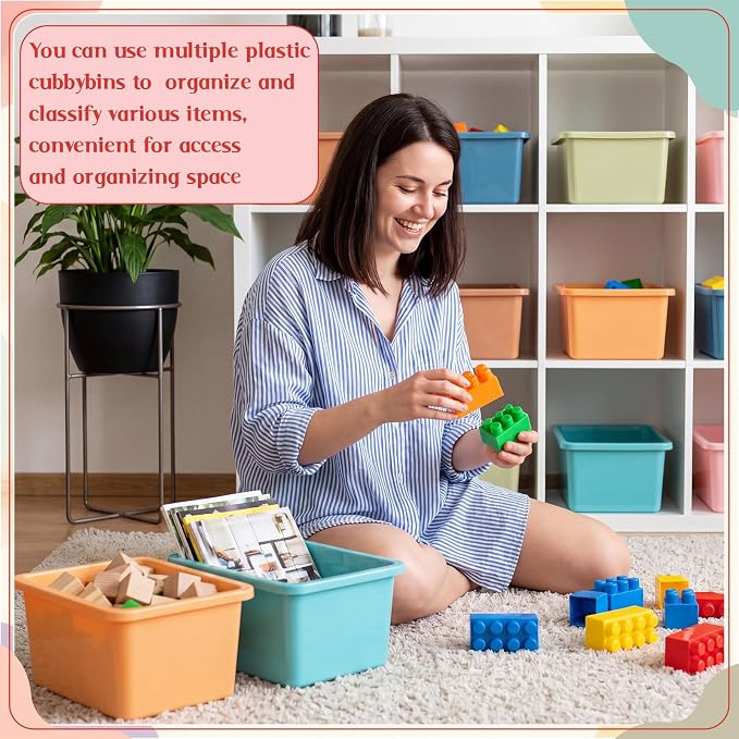 Thyle 6 Pieces Plastic Cubby Bins with Labels Classroom Book Bins Stackable Storage Container Durable Toy Storage Organizer Baskets for School Classroom Office (Classic,Morandi Color1) - Image 5