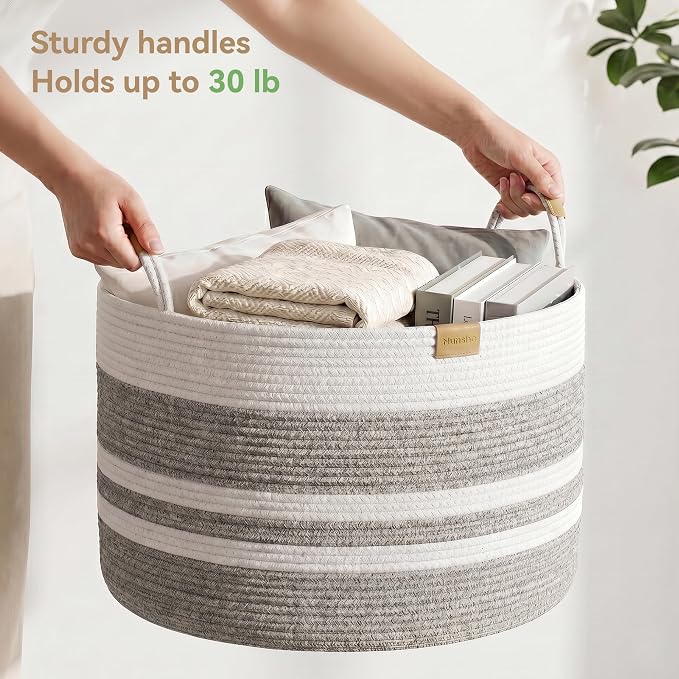 Nunsino 72L Woven Blanket Basket with Leather Handles, Cotton Rope Laundry Basket Hamper,Decorative Nursery Basket Toy Storage Basket for Kids, Living Room, Bedroom,Gray White Stripes - Image 5