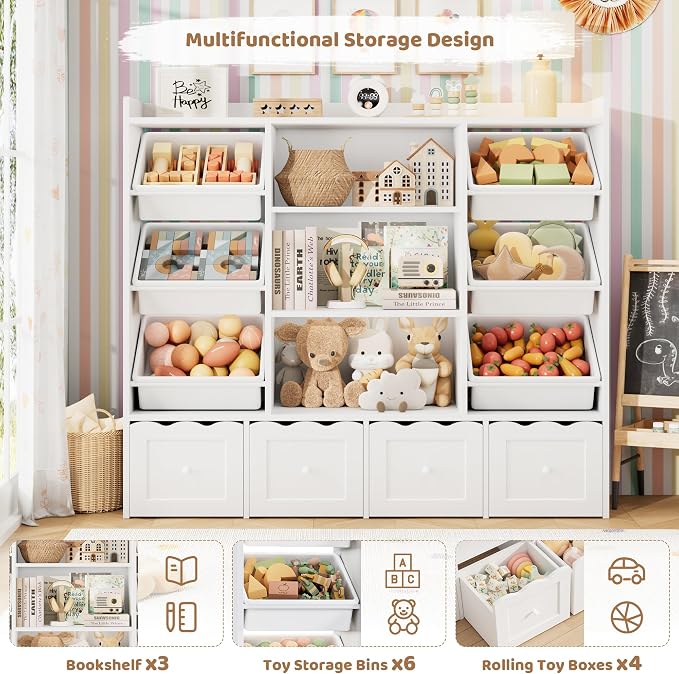 HITHOS 55" W Kids Toy Storage Organizer with 10 Toy Box & Book Shelf, White | Large Toy Organizers and Storage with Kids Bookshelf & 6 Plastic Toy Chests & 4 Movable Drawers for Kids Room, Playroom - Image 5