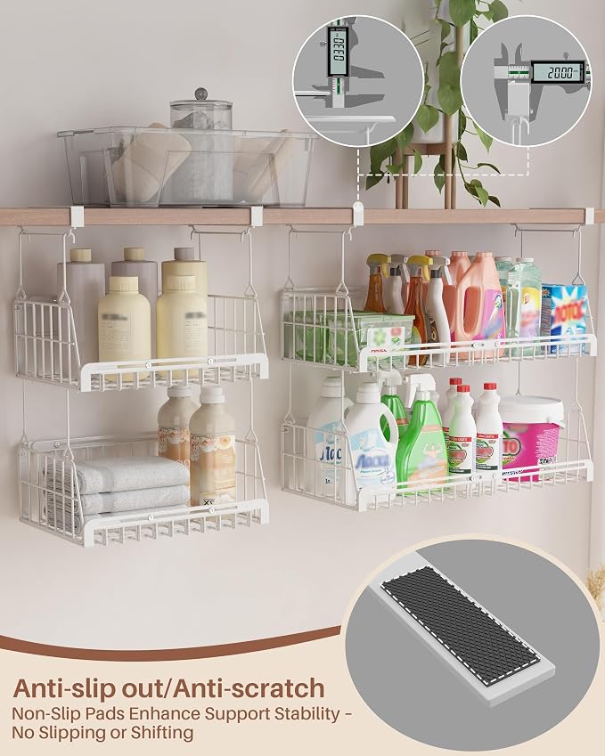 2 Pack Under Shelf Organizer Hanging Under Shelf Storage Basket,White | Extendable heavy-duty metal under shelf basket, sturdy & durable, fits kitchen, pantry, closet, office, adjustable length - Image 4