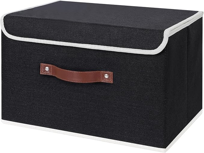 ANMINY Fabric Storage Box Bins with Lids, Black, 15"x10"x10" | Keepsake Memory Storage, Cotton Linen, PP Board Reinforced, Washable, PU Handles, Foldable & Stackable, Decorative, Large by ANMINY