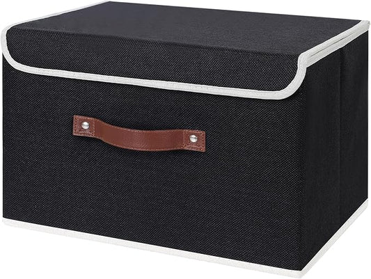 ANMINY Fabric Storage Box Bins with Lids, Black, 15"x10"x10" | Keepsake Memory Storage, Cotton Linen, PP Board Reinforced, Washable, PU Handles, Foldable & Stackable, Decorative, Large by ANMINY