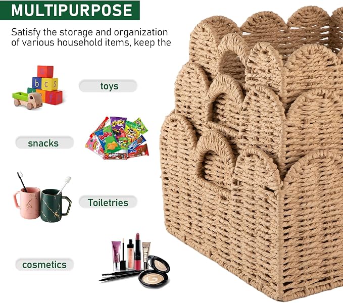OIAHOMY Scalloped Wicker Baskets, Hand-woven Storage Baskets with Built-in Handles, Paper Rope Shelf Baskets for Organizing and Decoration, Set of 3-Yellow - Image 4