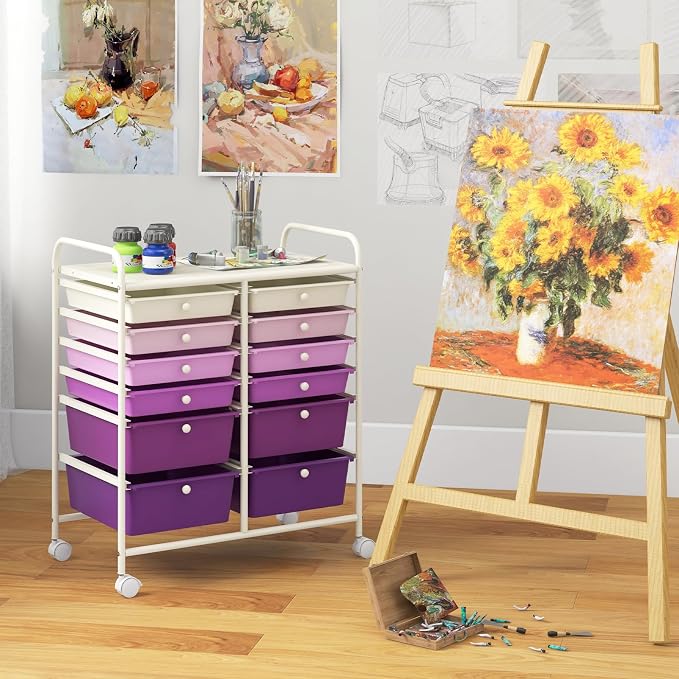 Giantex 12 Drawers Rolling Storage Cart, Classroom Organizers with Wheels for Tools Scrapbook Craft Paper Teacher Office School Supplies (Purple Gradient) - Image 9